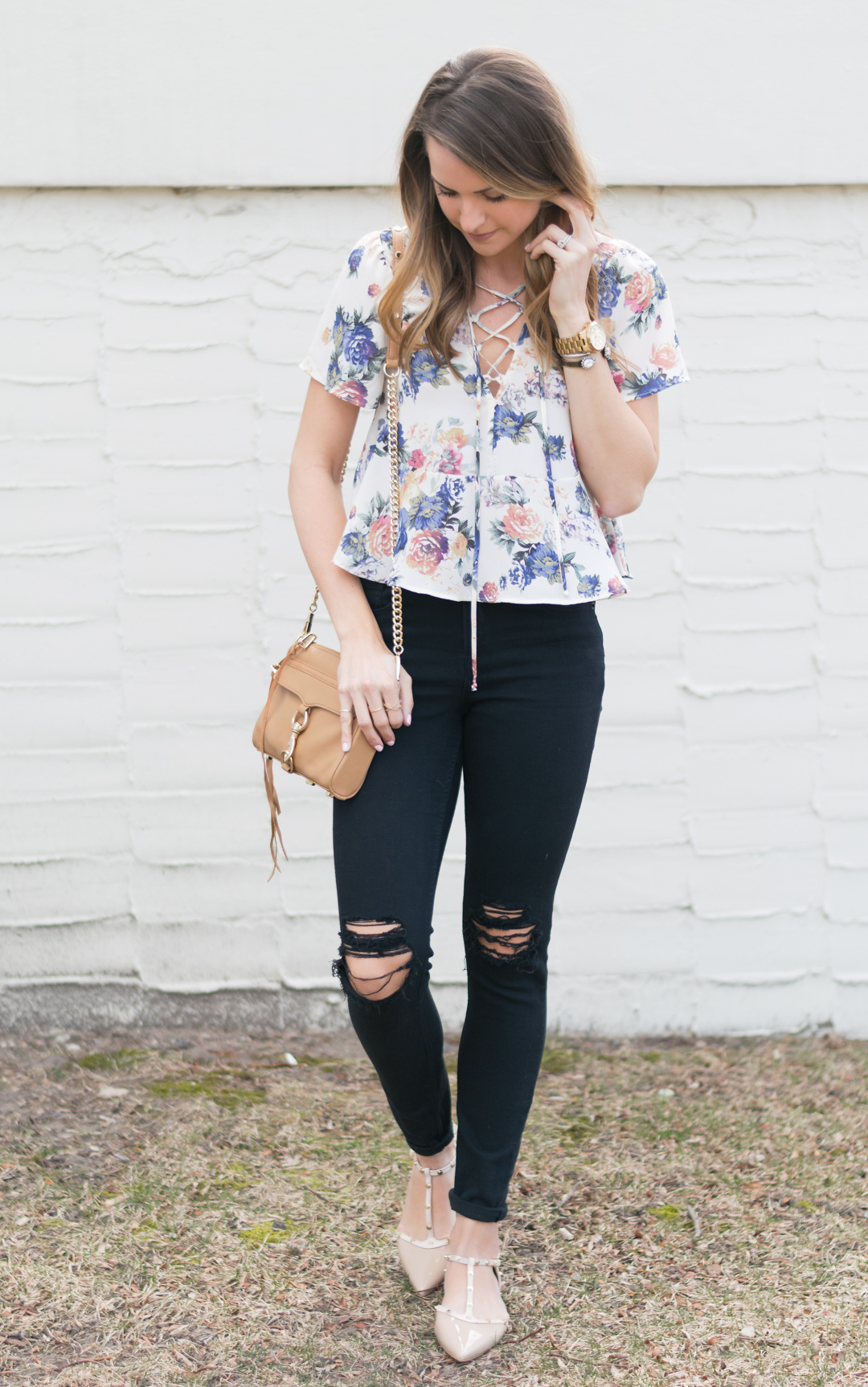 Floral-Peplum-Lace-Up-Top