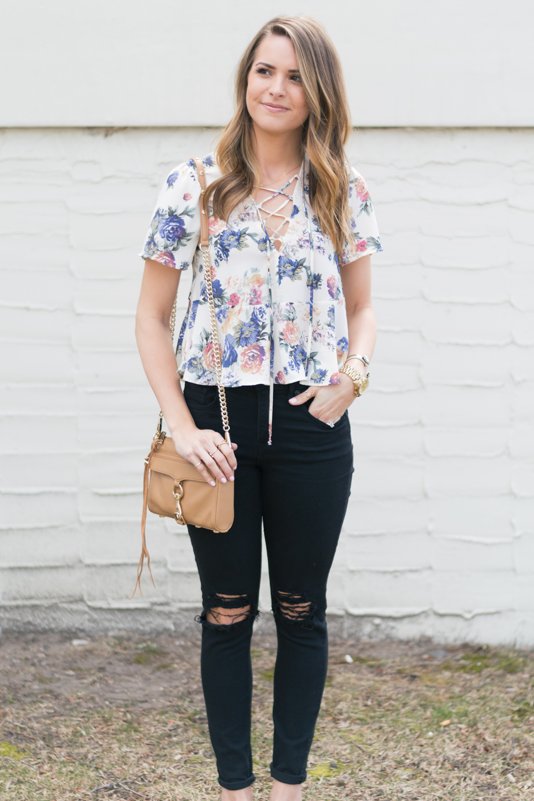 Floral-Peplum-Lace-Up-Top