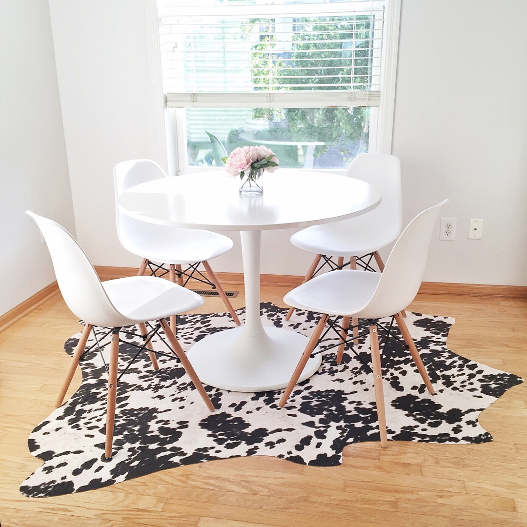 diy cowhide rug, ikea docksta table, aeon dining chairs, instagram recap, budget bright white kitchen