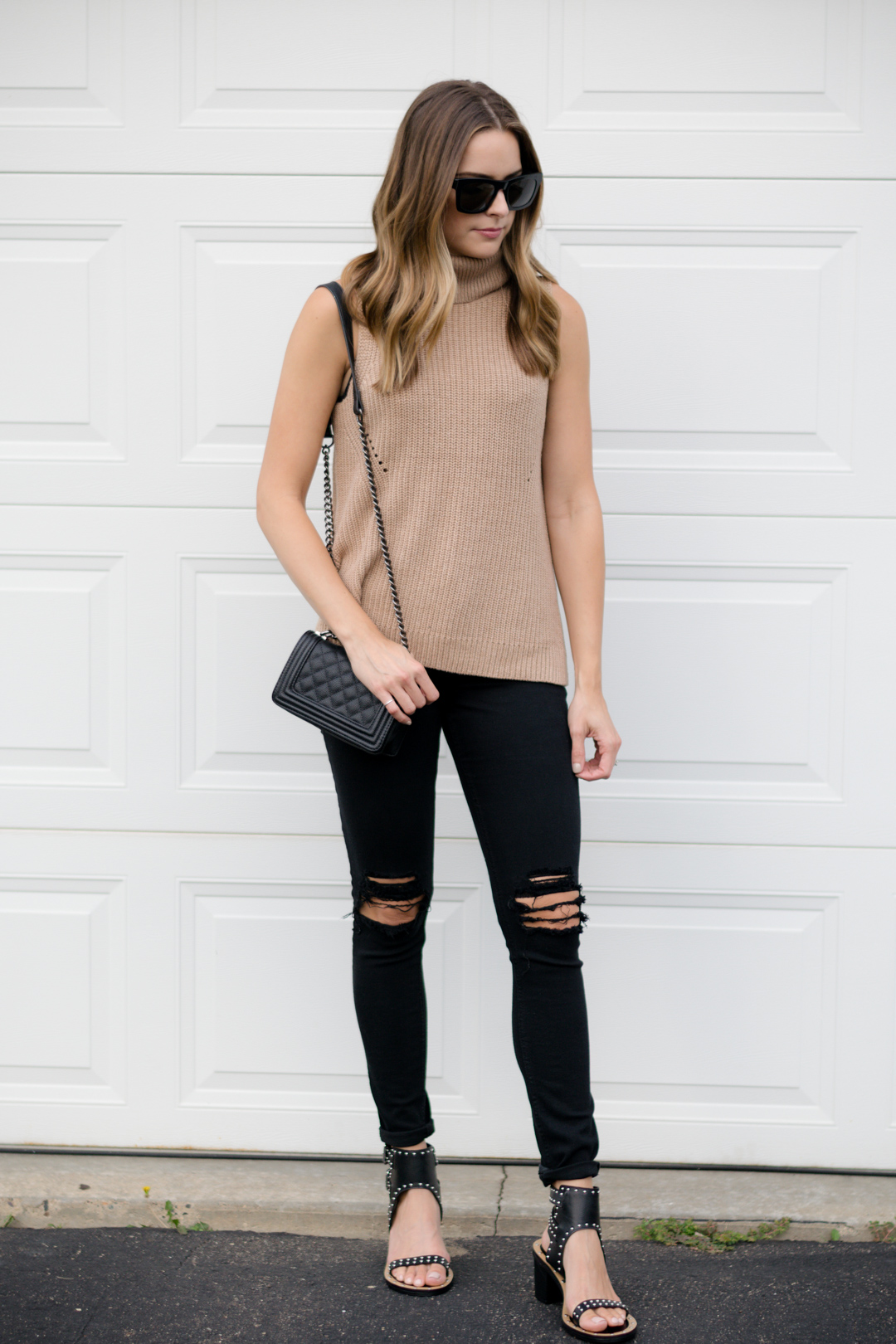 Sleeveless Cowl Neck Top, Sleeveless Turtleneck, Turtleneck Tank, Outfit, Summer to fall transition outfit, black ripped jeans