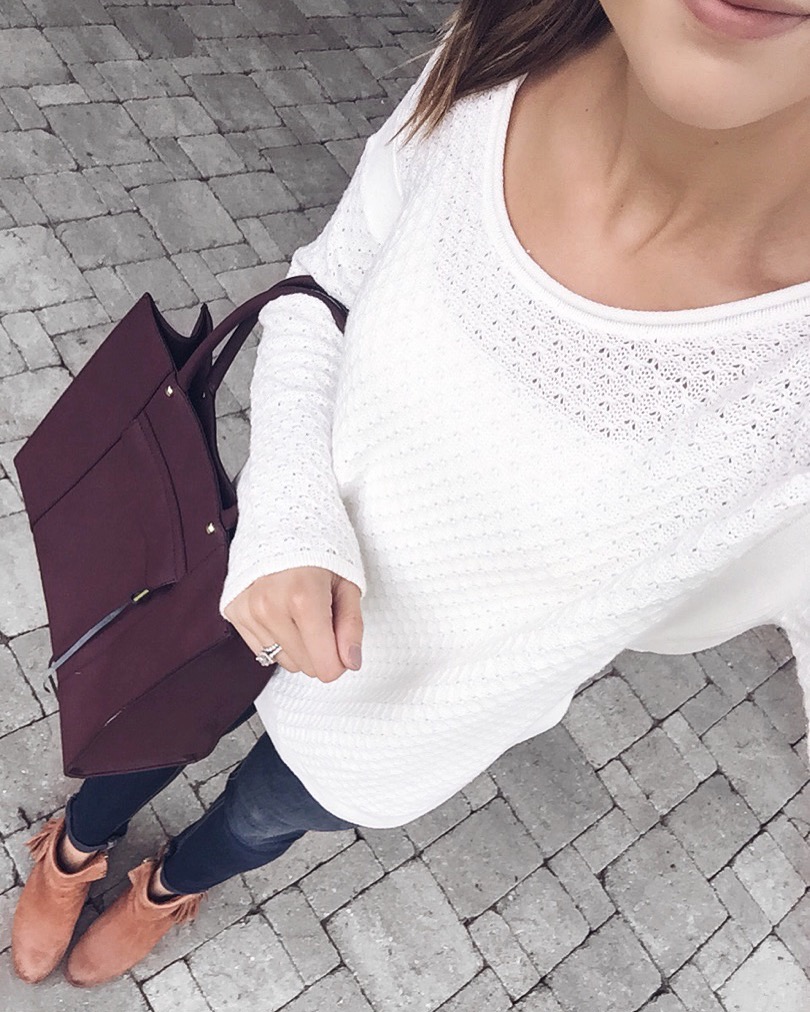 old navy white circle hem sweater, maroon rebecca minkoff medium mab tote