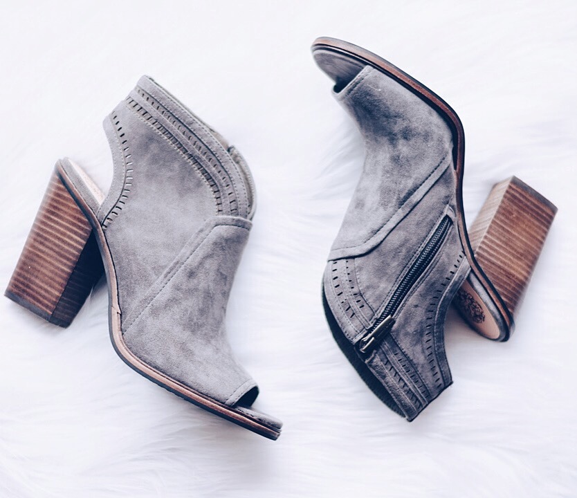 vince camuto koral open toe bootie, gray peep toe booties
