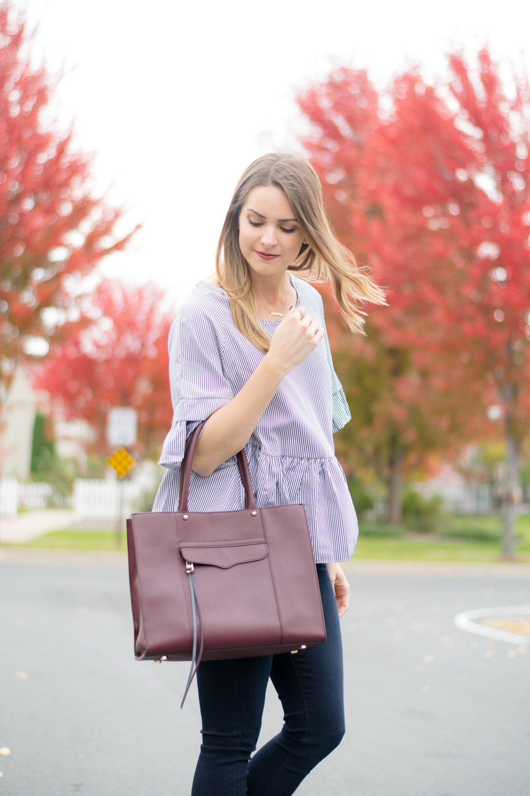 shein black vertical striped lattice-back ruffle high low top, striped peplum, maroon tote bag, fall 2016 outfit