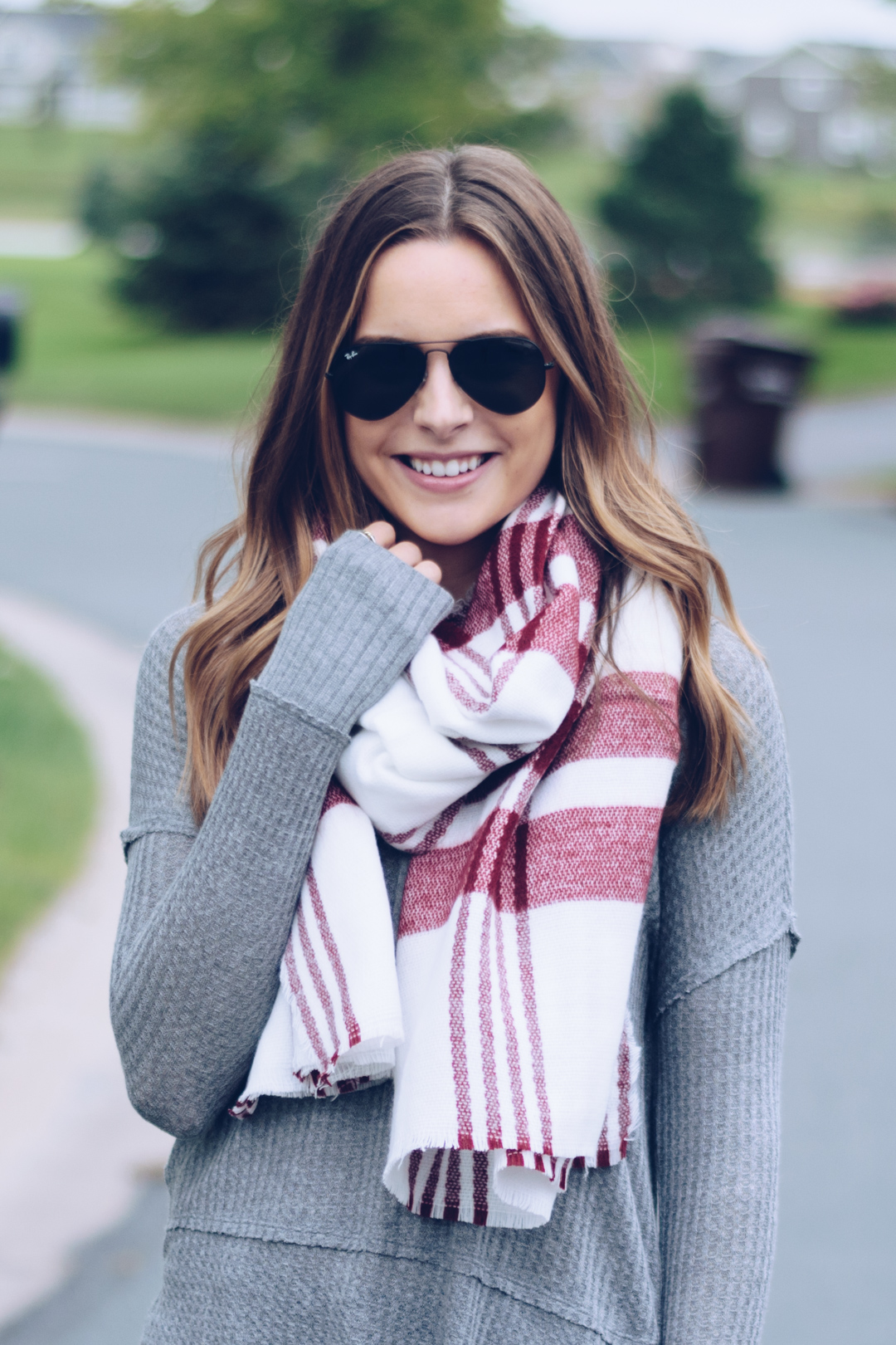 ilymix wine plaid tartan scarf, maroon blanket scarf, burgundy plaid scarf, womens long sleeve gray henley, affordable fall outfit