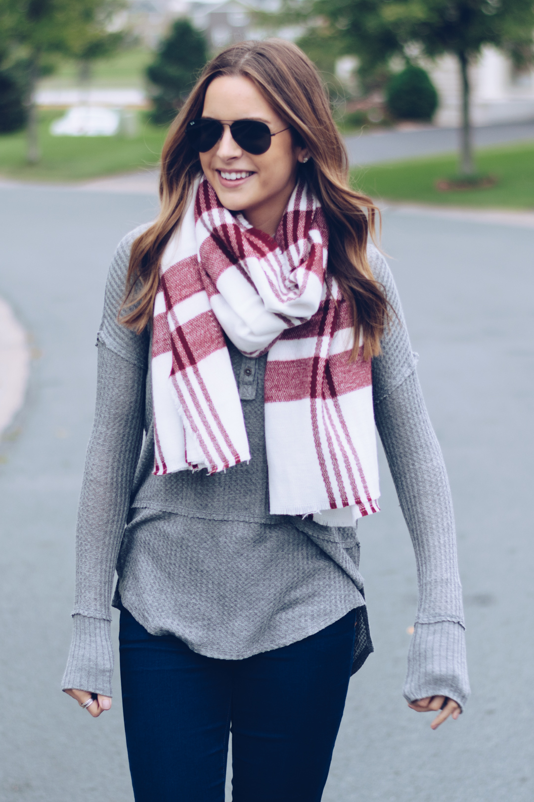 ilymix wine plaid tartan scarf, maroon blanket scarf, burgundy plaid scarf, womens long sleeve gray henley, affordable fall outfit