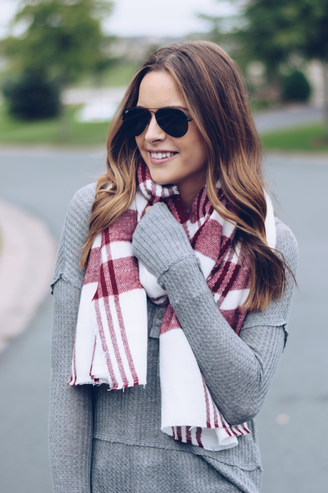 ilymix wine plaid tartan scarf, maroon blanket scarf, burgundy plaid scarf, womens long sleeve gray henley, affordable fall outfit