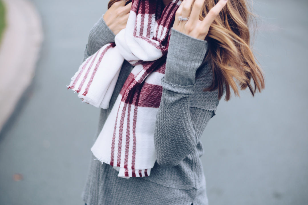 ilymix wine plaid tartan scarf, maroon blanket scarf, burgundy plaid scarf, womens long sleeve gray henley, affordable fall outfit