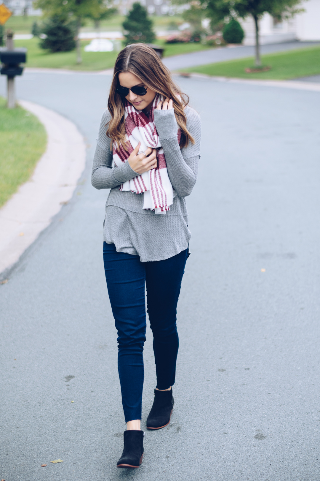 ilymix wine plaid tartan scarf, maroon blanket scarf, burgundy plaid scarf, womens long sleeve gray henley, affordable fall outfit