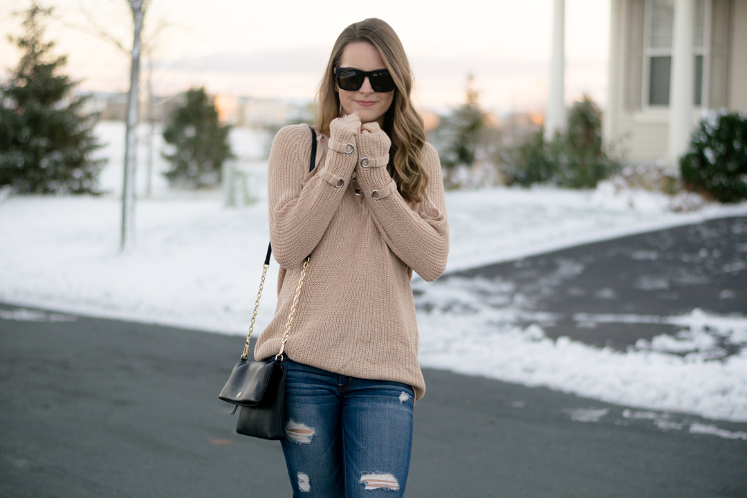 black over the knee boots outfit, lace up knit sweater, shein lace up v neck knit sweater dress, khaki lace up sweater, 2016 winter outfit