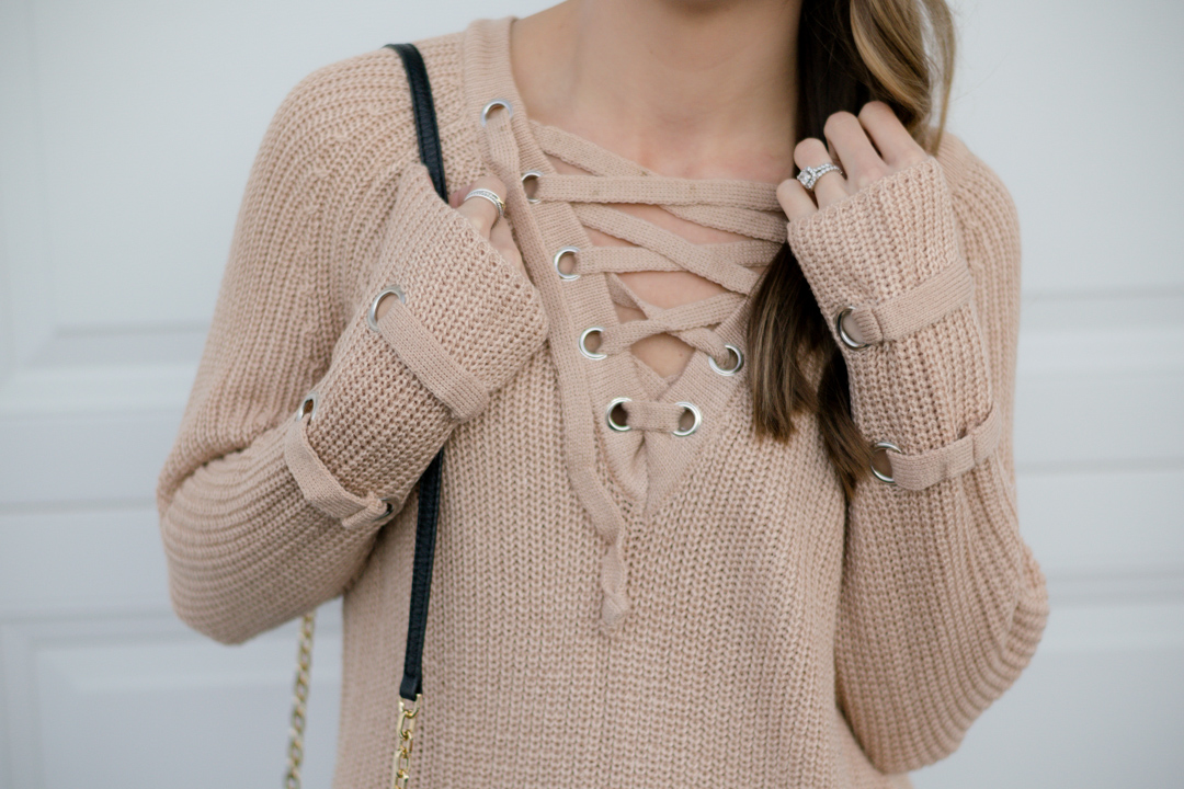 lace-up knit sweater, shein lace up v neck knit sweater dress, khaki lace up sweater, 2016 winter outfit