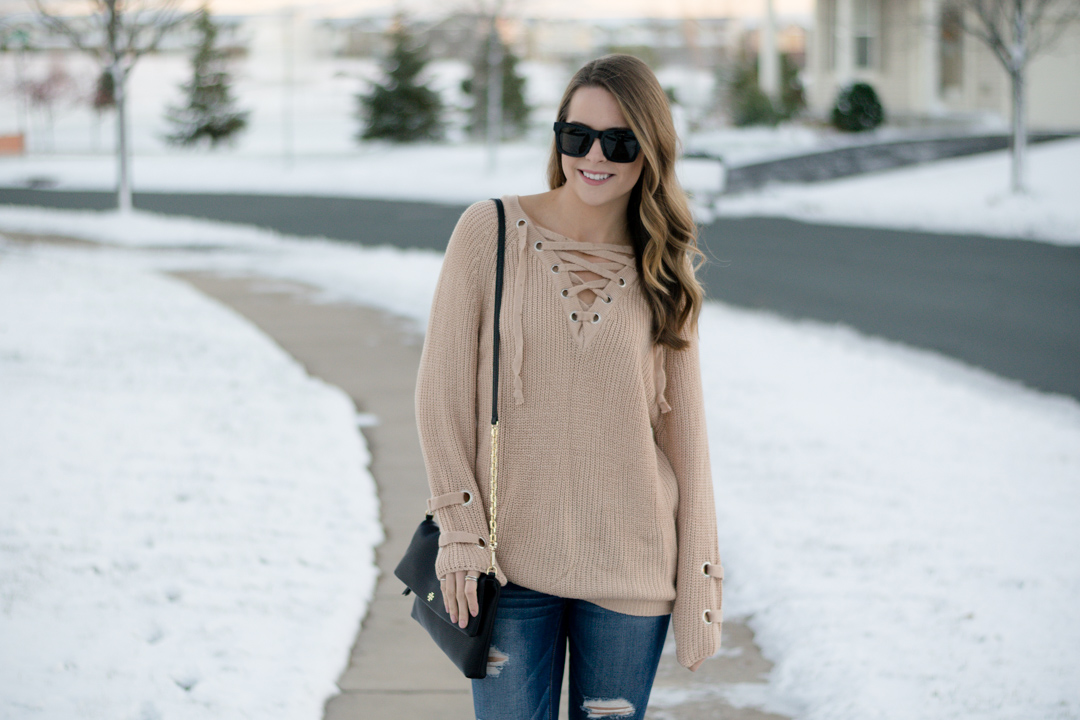 black over the knee boots outfit, lace up knit sweater, shein lace up v neck knit sweater dress, khaki lace up sweater, 2016 winter outfit