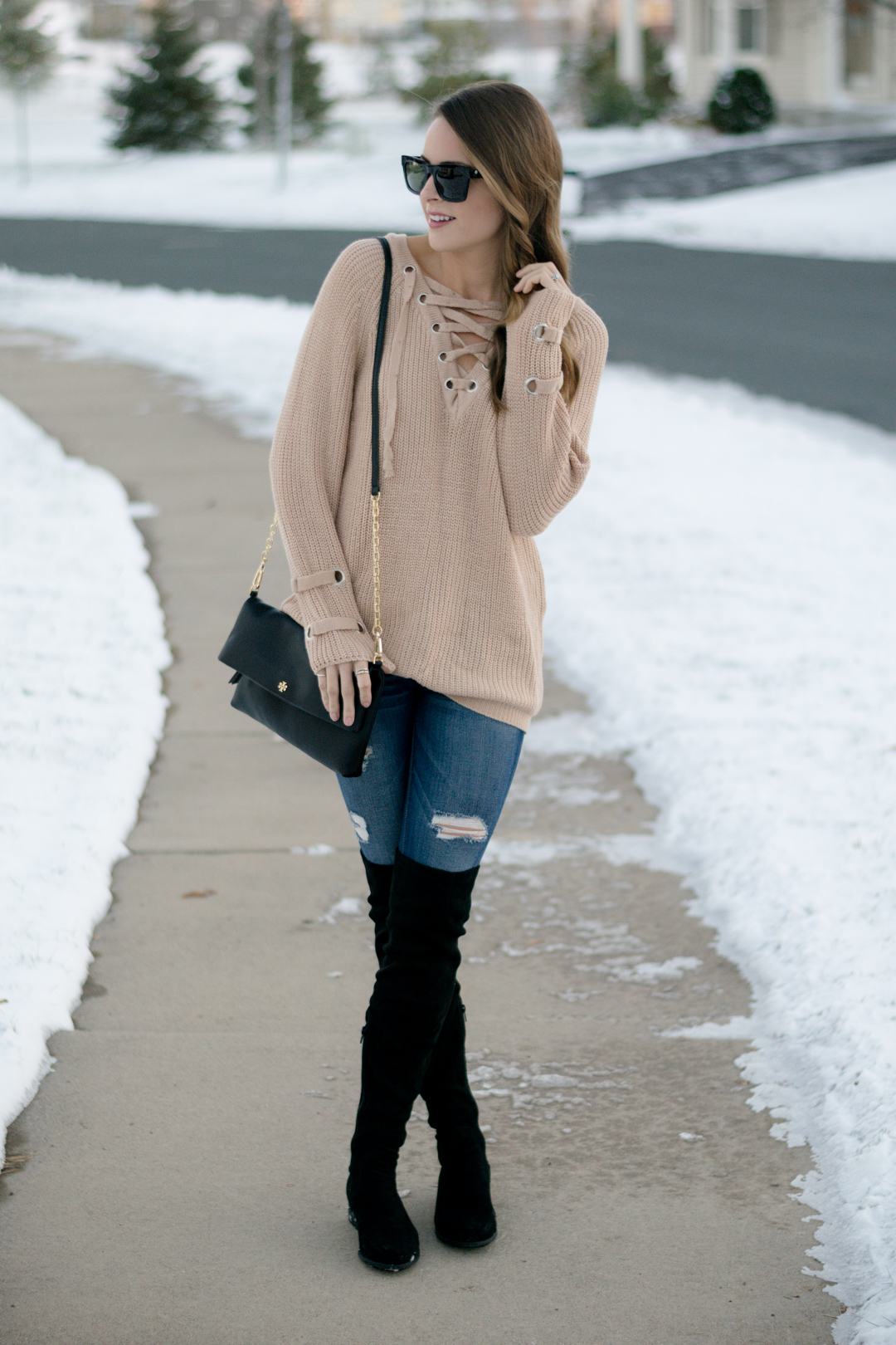 black over the knee boots outfit, lace up knit sweater, shein lace up v neck knit sweater dress, khaki lace up sweater, 2016 winter outfit