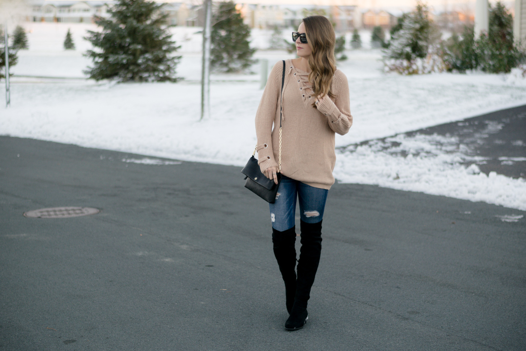 black over the knee boots outfit, lace up knit sweater, shein lace up v neck knit sweater dress, khaki lace up sweater, 2016 winter outfit