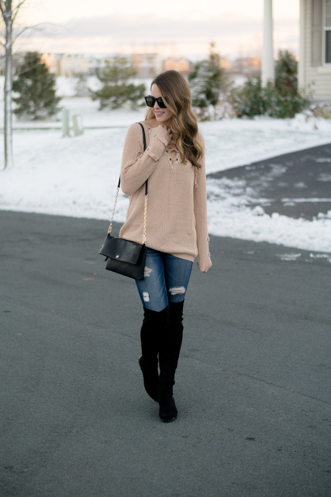 black over the knee boots outfit, lace up knit sweater, shein lace up v neck knit sweater dress, khaki lace up sweater, 2016 winter outfit