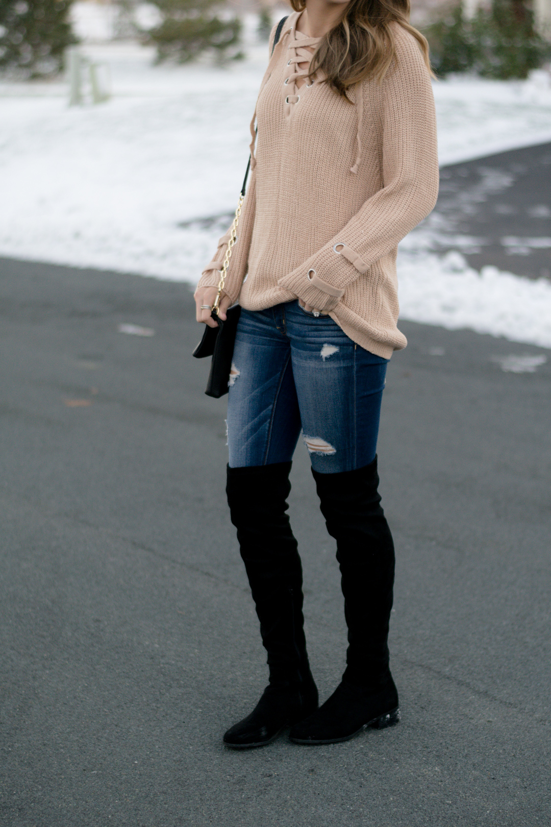 black over the knee boots outfit, lace up knit sweater, shein lace up v neck knit sweater dress, khaki lace up sweater, 2016 winter outfit