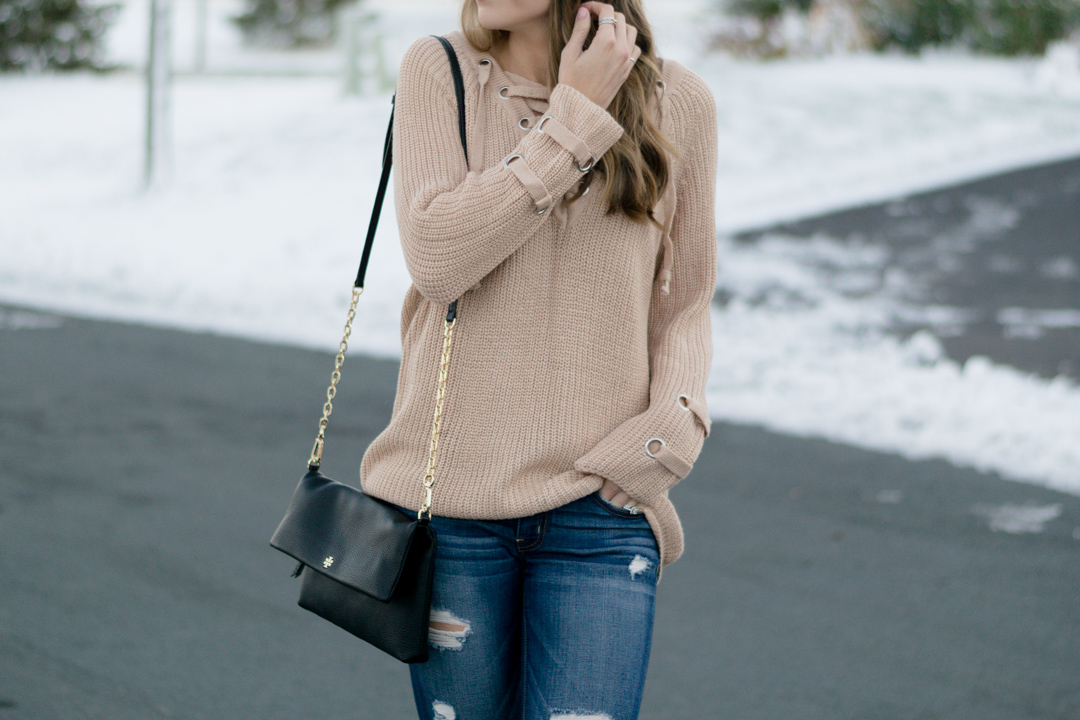black over the knee boots outfit, lace up knit sweater, shein lace up v neck knit sweater dress, khaki lace up sweater, 2016 winter outfit