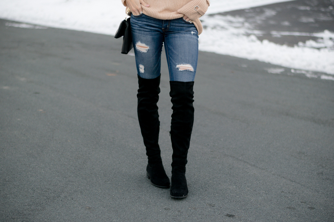 black over the knee boots outfit, lace up knit sweater, shein lace up v neck knit sweater dress, khaki lace up sweater, 2016 winter outfit