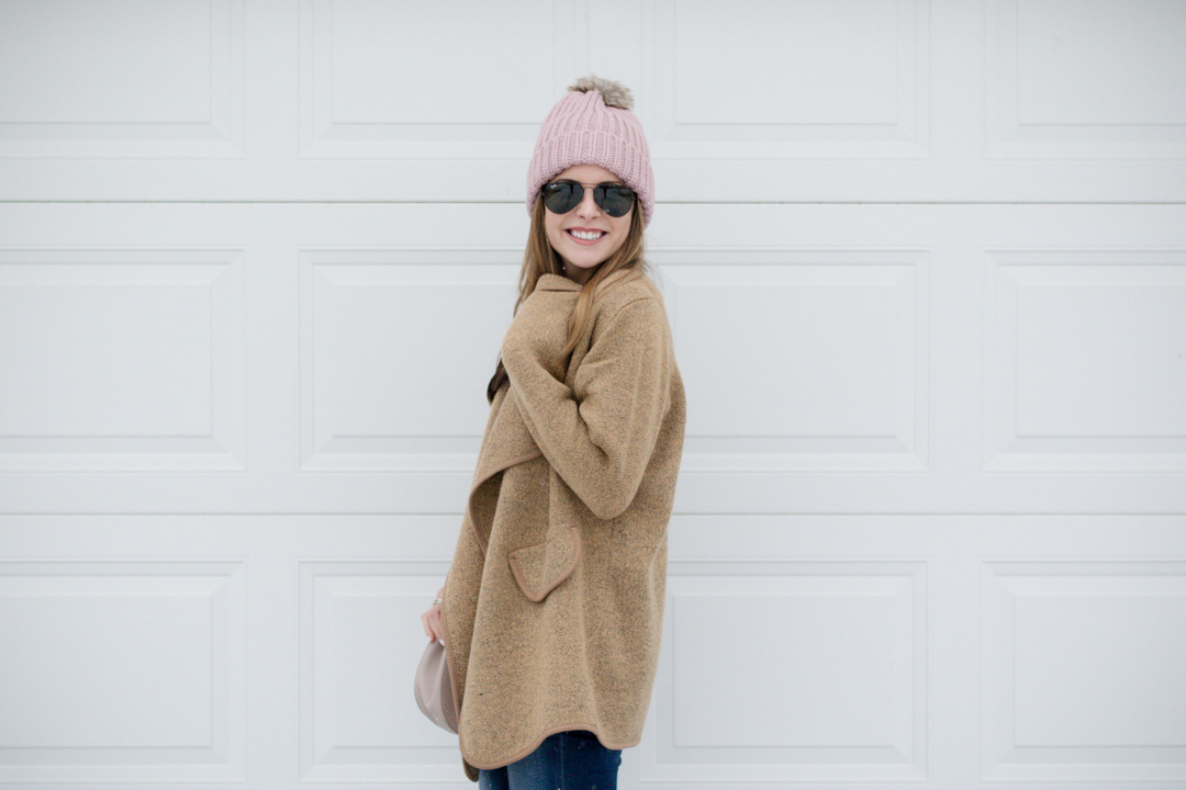 shein khaki sweater jacket, blush pom beanie, hunter boots, rocksbox, winter outfit