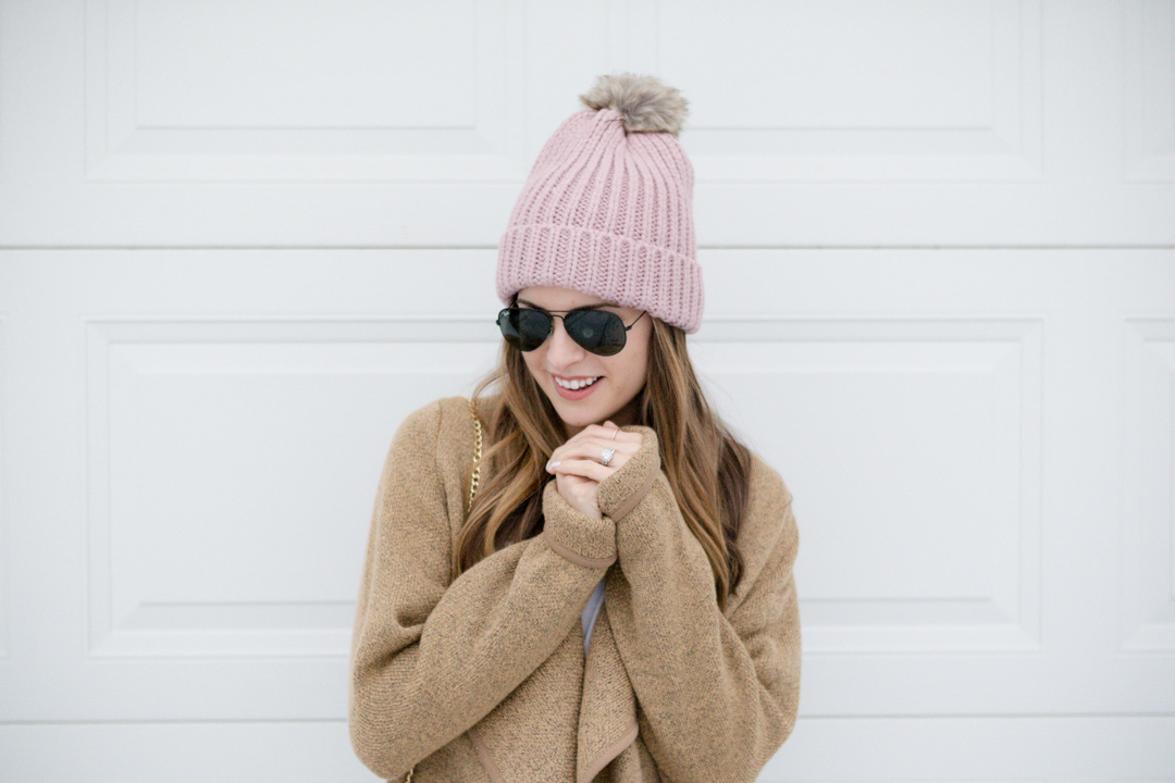 shein khaki sweater jacket, blush pom beanie, hunter boots, rocksbox, winter outfit