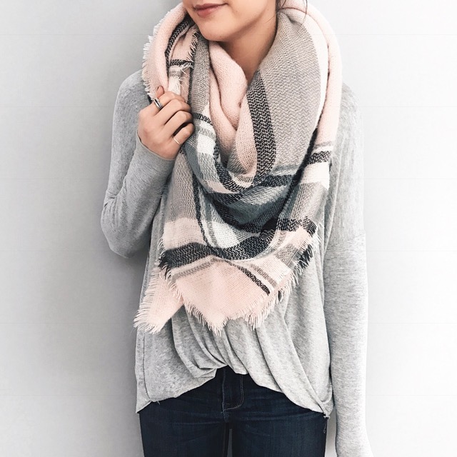 purple peridot blush blanket scarf, blush and gray outfit