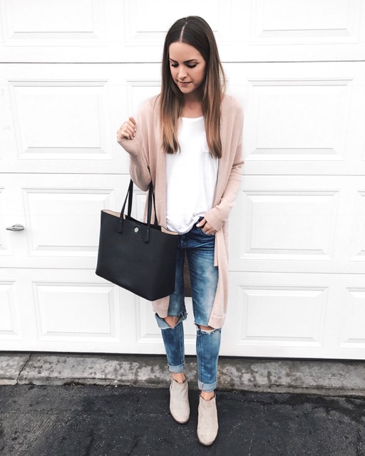 tory burch perry tote black, blanknyc good vibes jeans, sam edelman petty boot