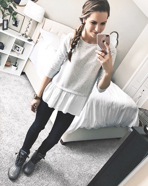 loft mixed media peplum top, sperry duck boots