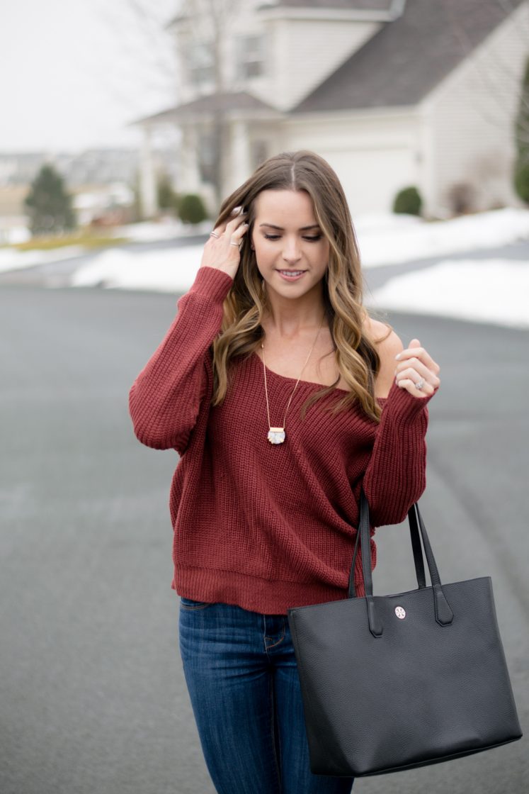 shein back twist sweater, express hi rise skinny jeans, tory burch perry tote black, vince camuto 