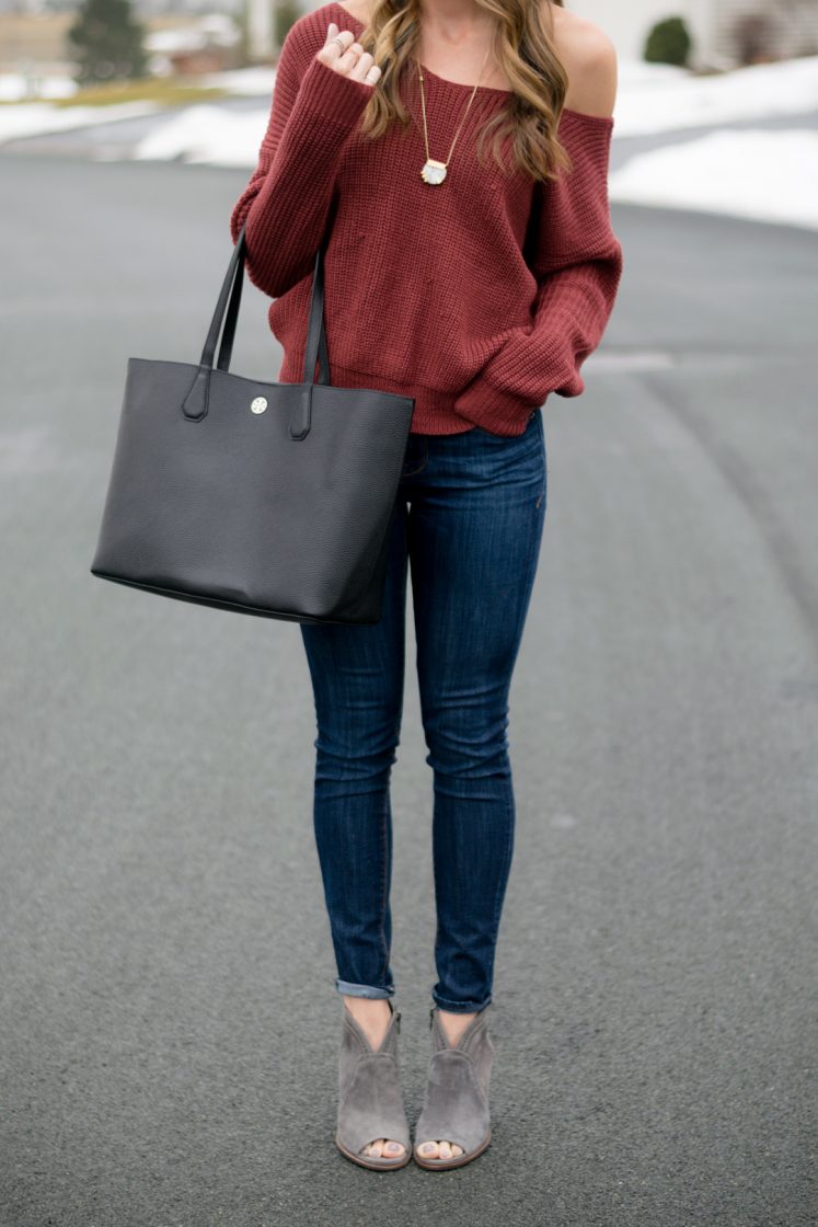 shein back twist sweater, express hi rise skinny jeans, tory burch perry tote black, vince camuto 