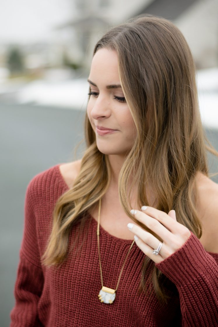 madewell white marble and gold pendant necklace, bronde balayage hair color