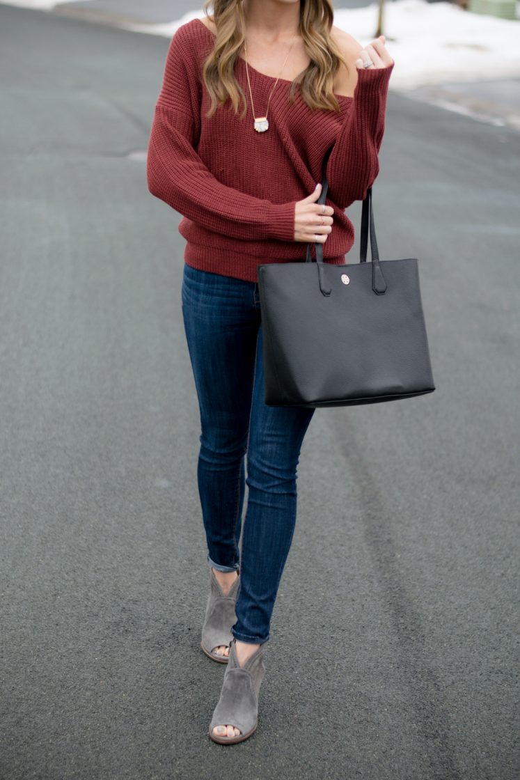 shein back twist sweater, express hi rise skinny jeans, tory burch perry tote black, vince camuto 