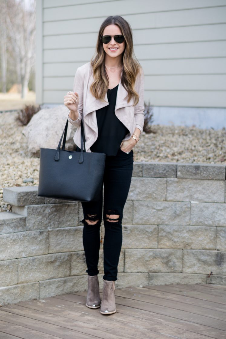 bb dakota blush suede blazer, blush jacket, shop social threads picks, spring transitional outfit, express black distressed jeans