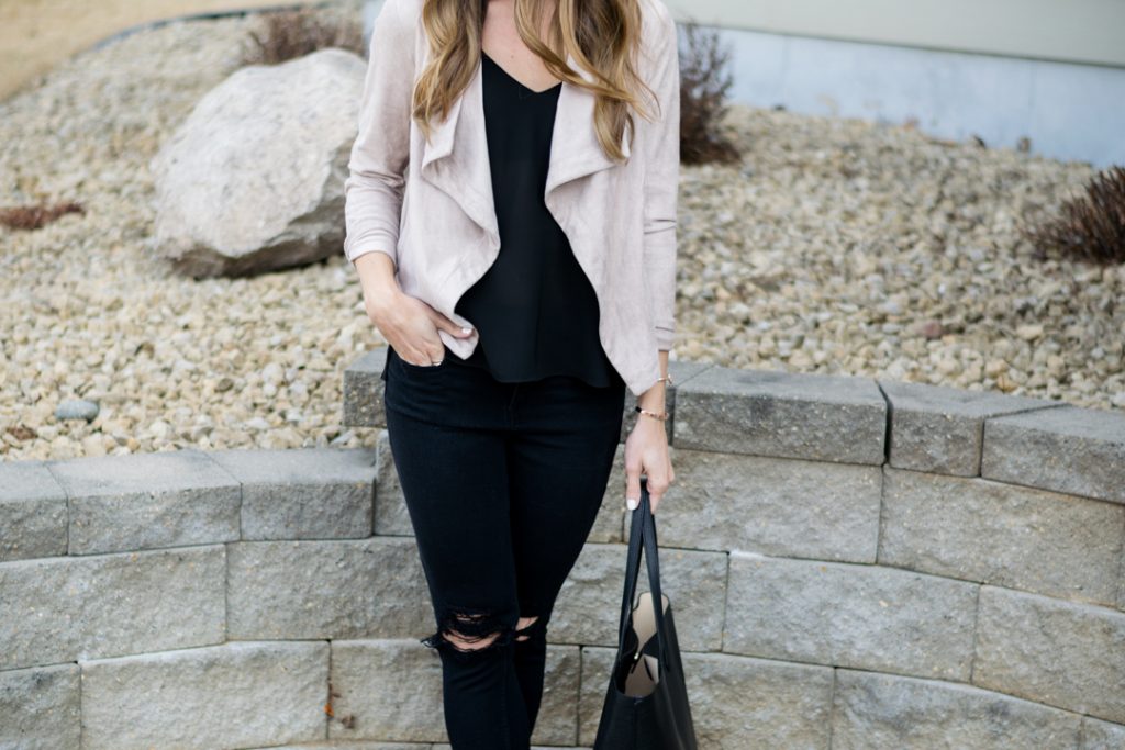 bb dakota blush suede blazer, blush jacket, shop social threads picks, spring transitional outfit
