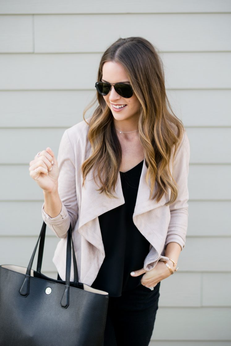 bb dakota blush suede blazer, blush jacket, shop social threads picks, spring transitional outfit, black and blush outfit