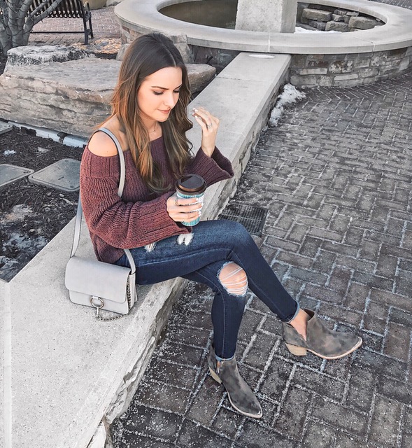 free people off the shoulder sweater, jeffrey campbell cromwell booties
