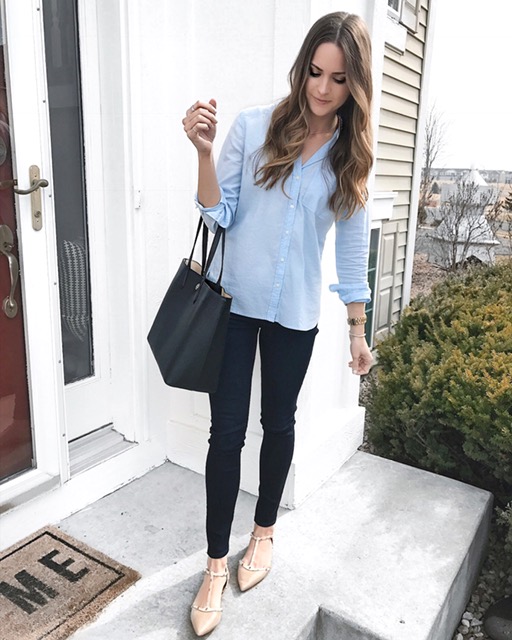 classic light blue button down shirt outfit