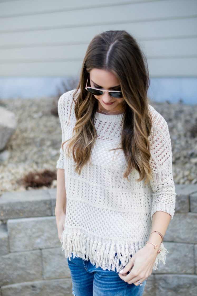 shop social threads, love stitch fringe sweater, tan crochet sweater, neutral outfit, spring transitional outfit