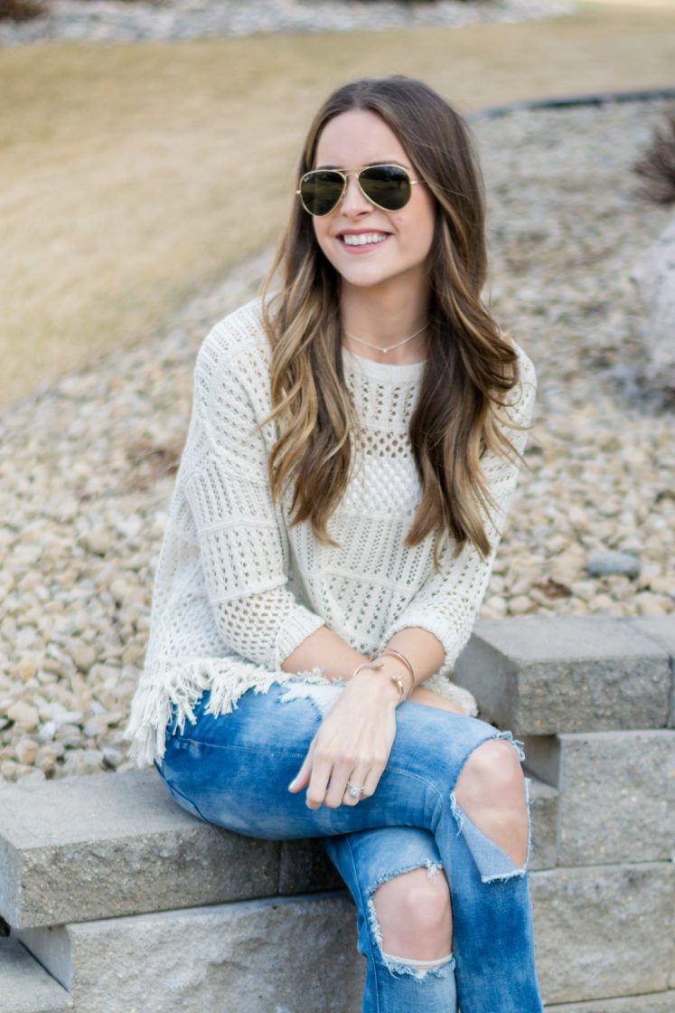 shop social threads, love stitch fringe sweater, tan crochet sweater, neutral outfit, spring transitional outfit