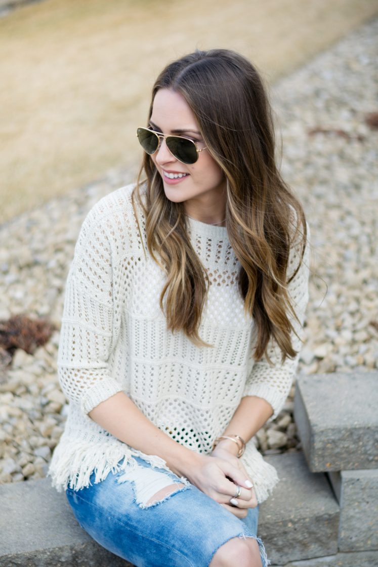 shop social threads, love stitch fringe sweater, tan crochet sweater, neutral outfit, spring transitional outfit
