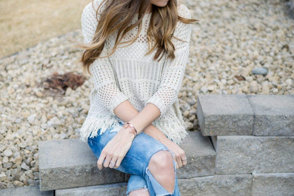shop social threads, love stitch fringe sweater, tan crochet sweater, neutral outfit, spring transitional outfit