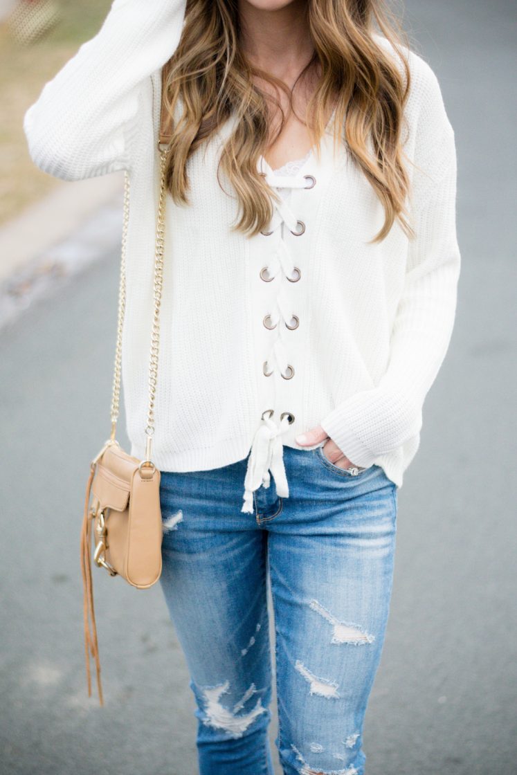 shop the mint love this lace up sweater, ivory laceup sweater, jeffrey campbell cromwell cut out booties outfit, american eagle shredded raw hem skinny jeans, spring 2017 outfits