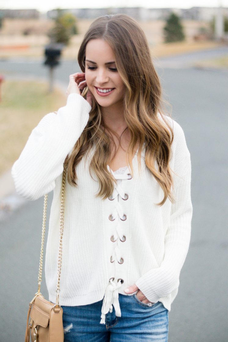 shop the mint love this lace up sweater, ivory laceup sweater, jeffrey campbell cromwell cut out booties outfit, american eagle shredded raw hem skinny jeans, spring 2017 outfits