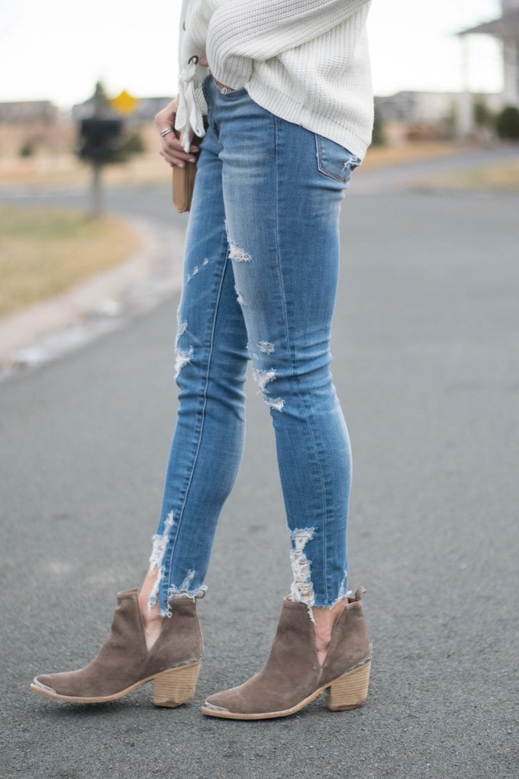 shop the mint love this lace up sweater, ivory laceup sweater, jeffrey campbell cromwell cut out booties outfit, american eagle shredded raw hem skinny jeans, spring 2017 outfits