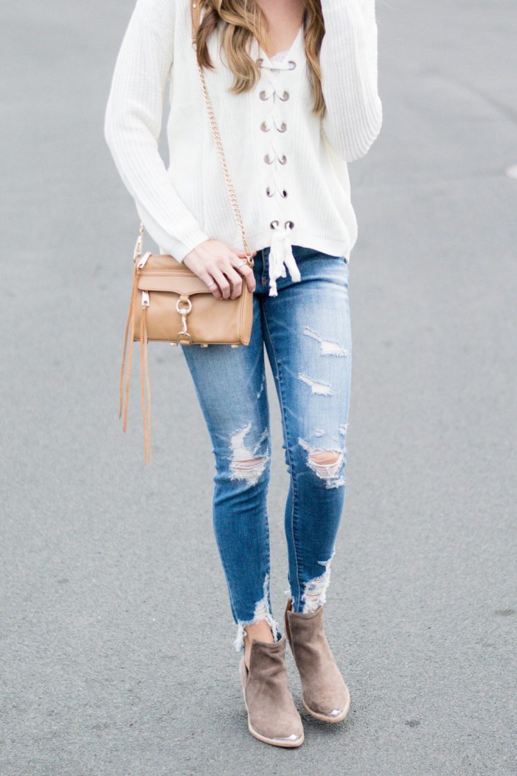 shop the mint love this lace up sweater, ivory laceup sweater, jeffrey campbell cromwell cut out booties outfit, american eagle shredded raw hem skinny jeans