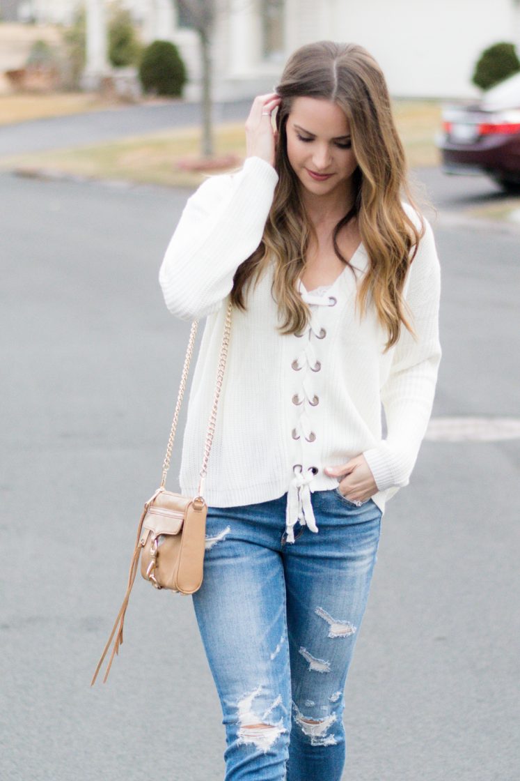shop the mint love this lace up sweater, ivory laceup sweater, jeffrey campbell cromwell cut out booties outfit, american eagle shredded raw hem skinny jeans, spring 2017 outfits