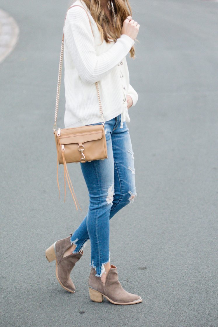 shop the mint love this lace up sweater, ivory laceup sweater, jeffrey campbell cromwell cut out booties outfit, american eagle shredded raw hem skinny jeans, spring 2017 outfits