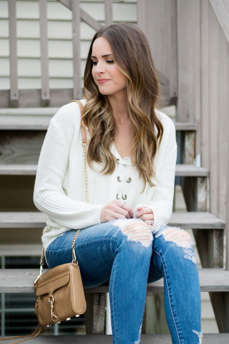 shop the mint love this lace up sweater, ivory laceup sweater, jeffrey campbell cromwell cut out booties outfit, american eagle shredded raw hem skinny jeans, spring 2017 outfits