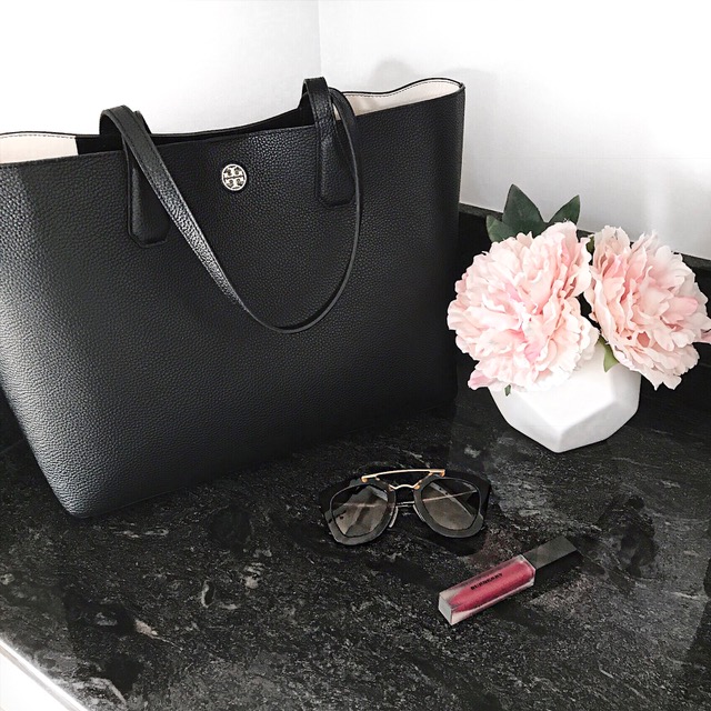burberry liquid lip velvet bright plum, pink peonies vase, white geometric vase, tory burch black perry tote, prada retro sunglasses