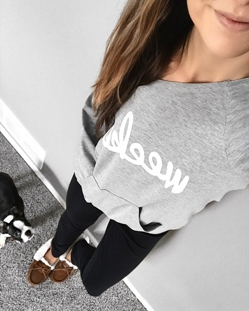 shein weekend sweatshirt, l.l. bean women's slippers, weekend casual outfit