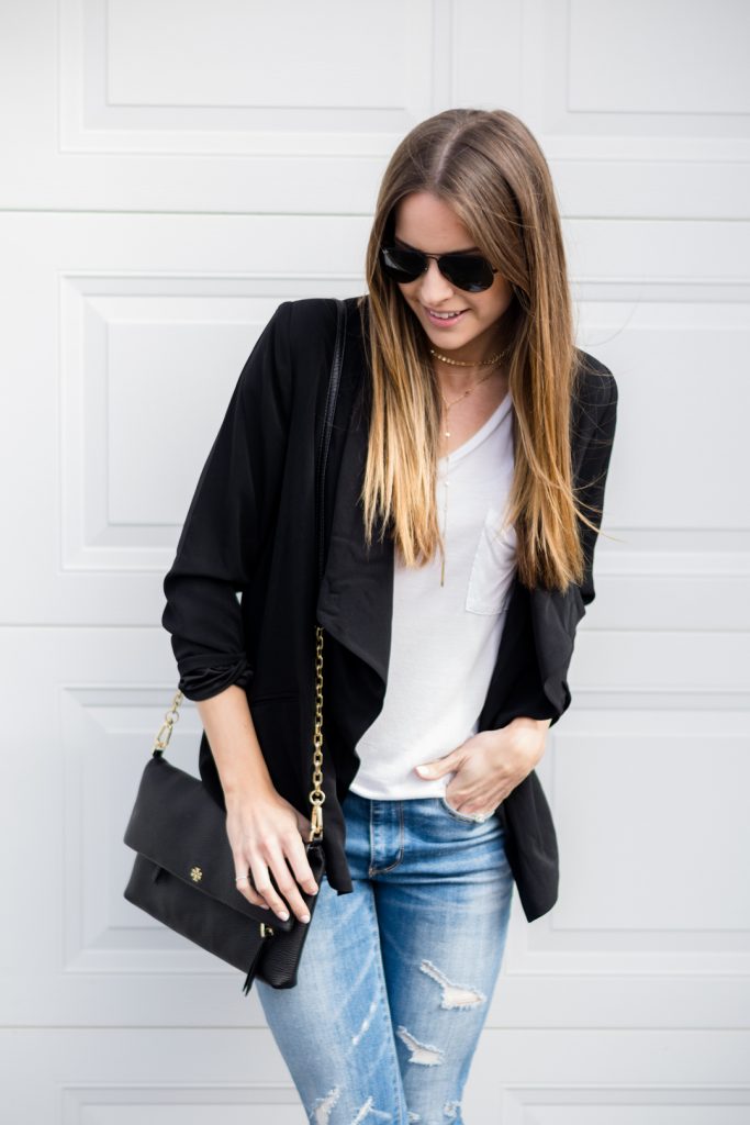 shop tobi black roses blazer, AE shredded denim skinny jeans, ripped jeans outfit, blazer outfits