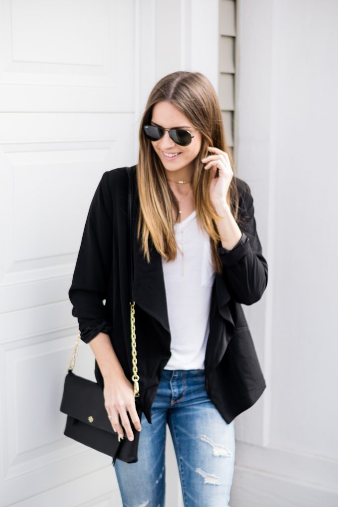 shop tobi black roses blazer, AE shredded denim skinny jeans, ripped jeans outfit, blazer outfits